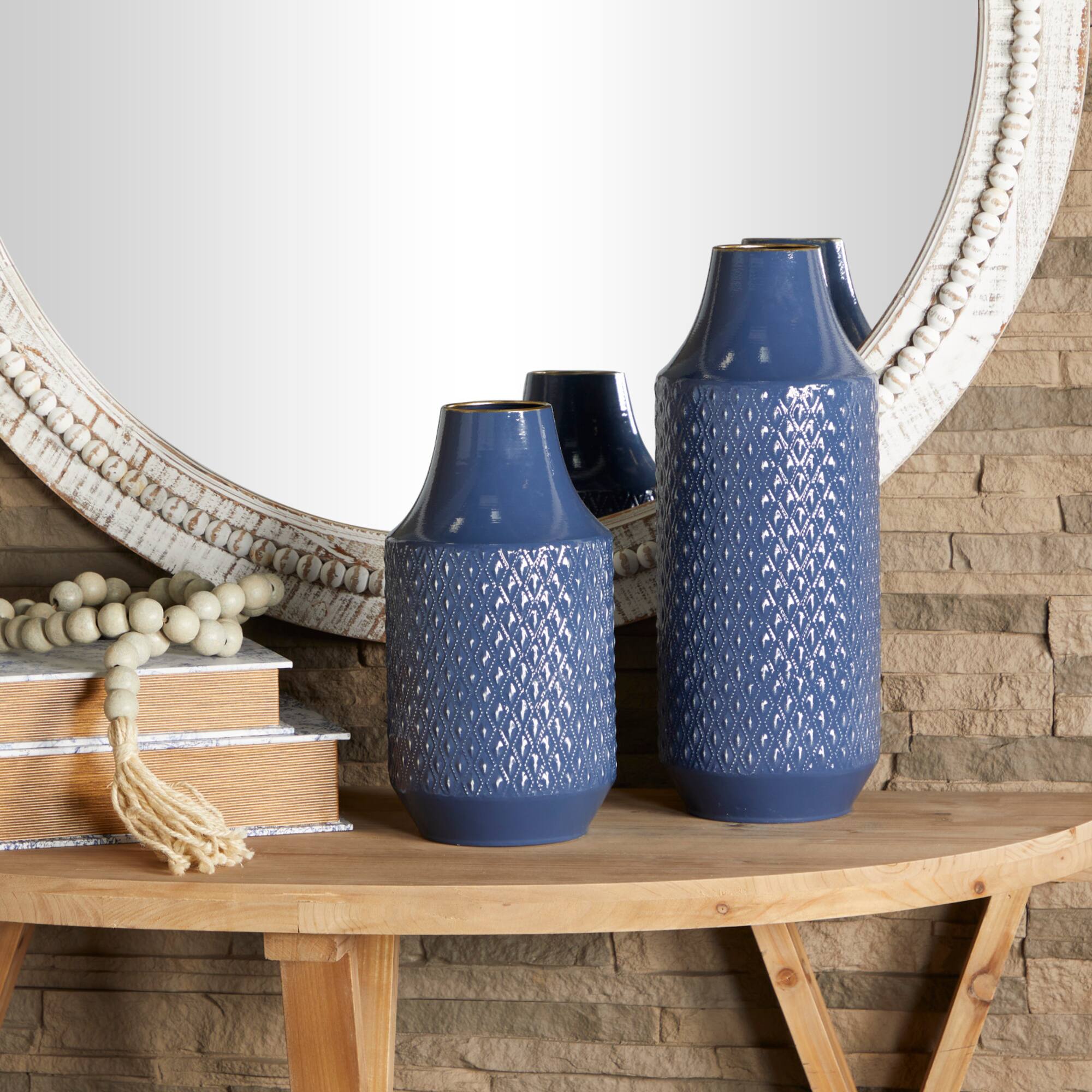 Blue Metal Diamond Embossed Exterior Vase Set of 2 16", 12"
